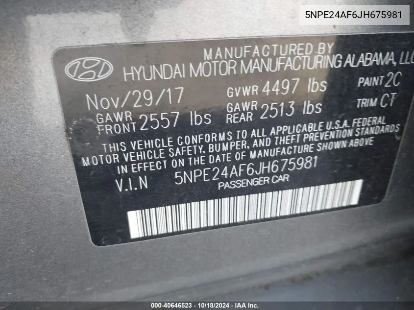 5NPE24AF6JH675981 2018 Hyundai Sonata Se