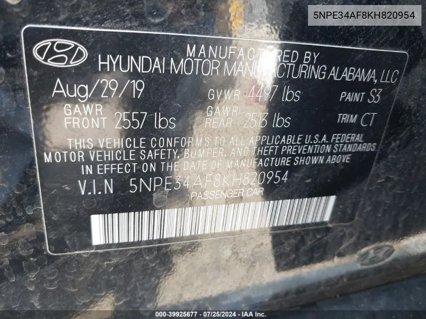 5NPE34AF8KH820954 2019 Hyundai Sonata Sport