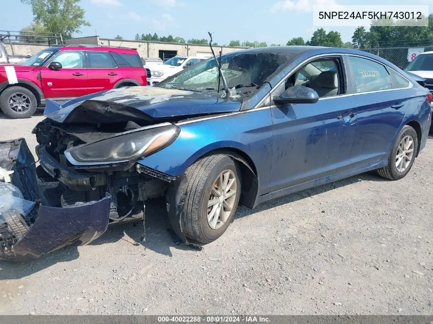 2019 Hyundai Sonata Se VIN: 5NPE24AF5KH743012 Lot: 40022288