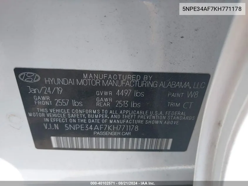 5NPE34AF7KH771178 2019 Hyundai Sonata Limited/Sel/Sport