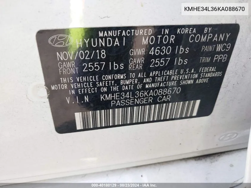 2019 Hyundai Sonata Hybrid Limited VIN: KMHE34L36KA088670 Lot: 40180129