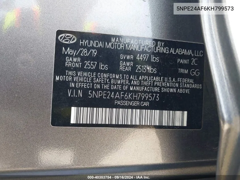 2019 Hyundai Sonata Se VIN: 5NPE24AF6KH799573 Lot: 40353754