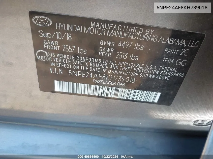 5NPE24AF8KH739018 2019 Hyundai Sonata Se