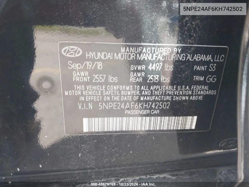 2019 Hyundai Sonata Se VIN: 5NPE24AF6KH742502 Lot: 40679769