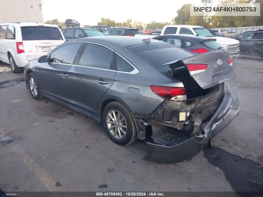 2019 Hyundai Sonata Se VIN: 5NPE24AF4KH800753 Lot: 40705492