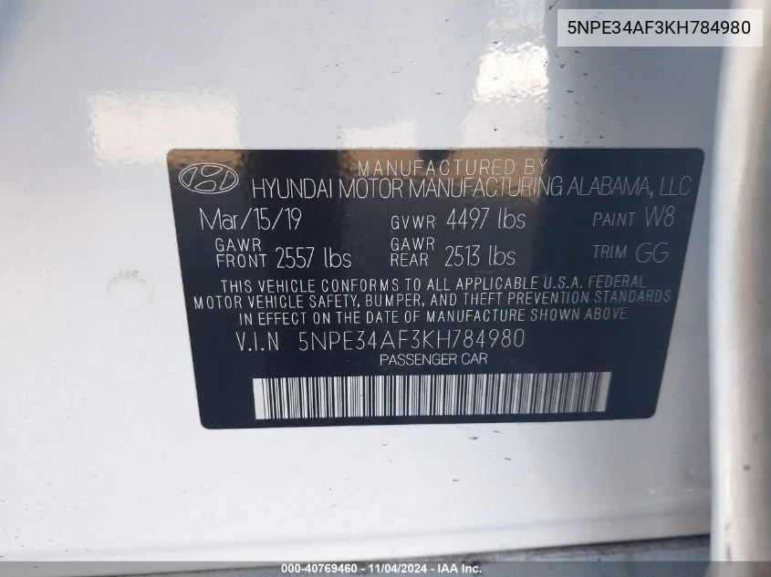 2019 Hyundai Sonata Sel VIN: 5NPE34AF3KH784980 Lot: 40769460