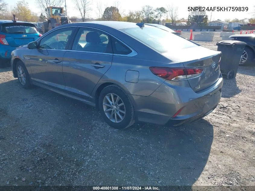 2019 Hyundai Sonata Se VIN: 5NPE24AF5KH759839 Lot: 40801308