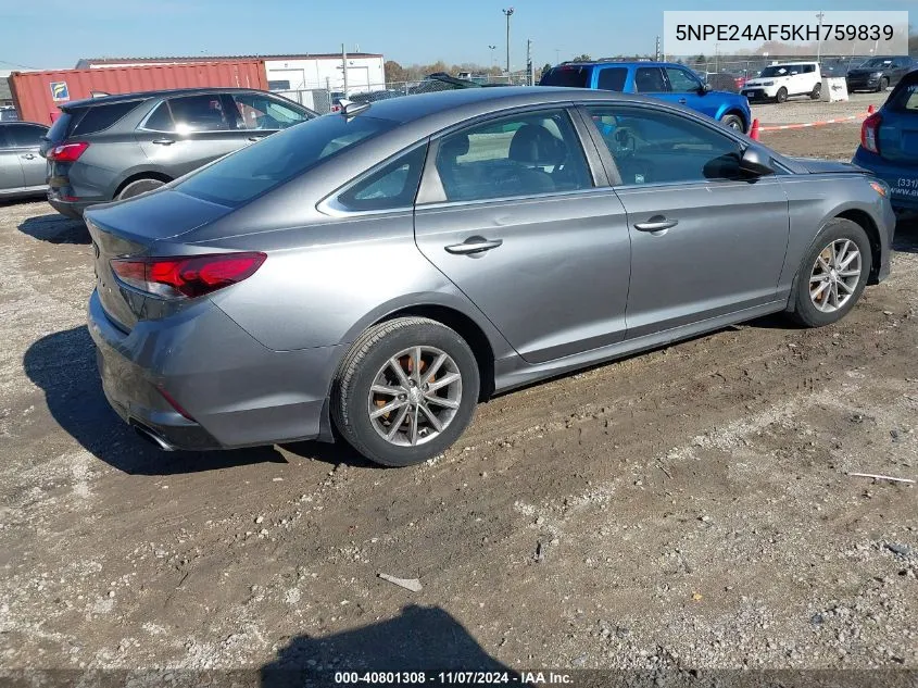 2019 Hyundai Sonata Se VIN: 5NPE24AF5KH759839 Lot: 40801308