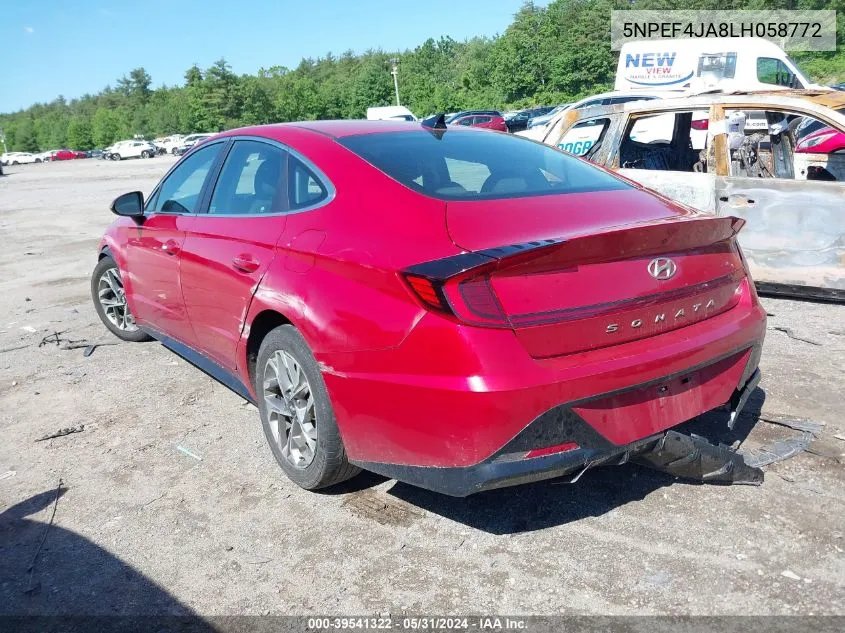 2020 Hyundai Sonata Sel VIN: 5NPEF4JA8LH058772 Lot: 39541322