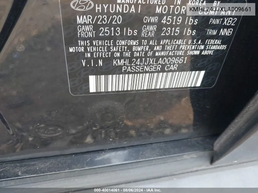 2020 Hyundai Sonata Hybrid Blue VIN: KMHL24JJXLA009661 Lot: 40014061