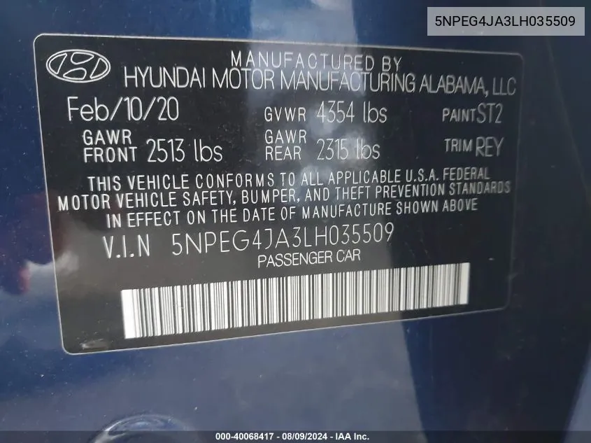 5NPEG4JA3LH035509 2020 Hyundai Sonata Se