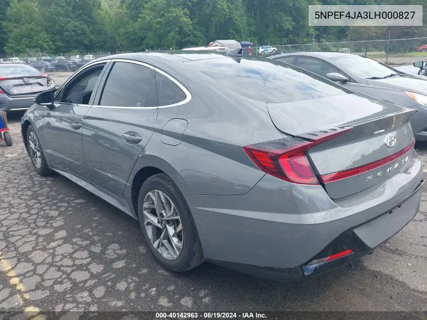 2020 Hyundai Sonata Sel VIN: 5NPEF4JA3LH000827 Lot: 40142963