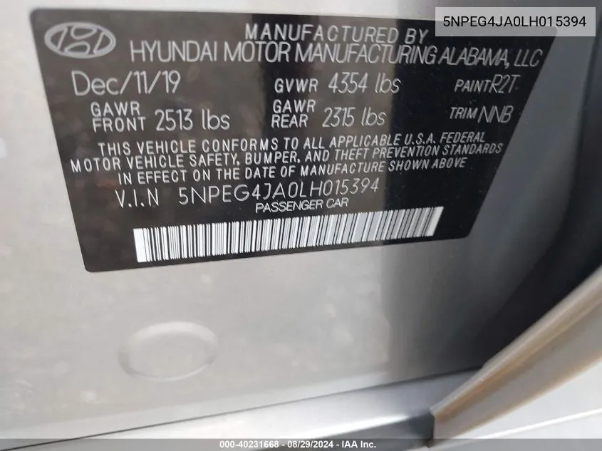 2020 Hyundai Sonata Se VIN: 5NPEG4JA0LH015394 Lot: 40231668