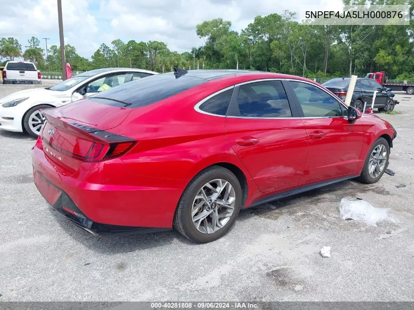 2020 Hyundai Sonata Sel VIN: 5NPEF4JA5LH000876 Lot: 40281808