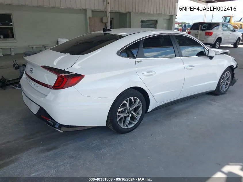 2020 Hyundai Sonata Sel VIN: 5NPEF4JA3LH002416 Lot: 40351809