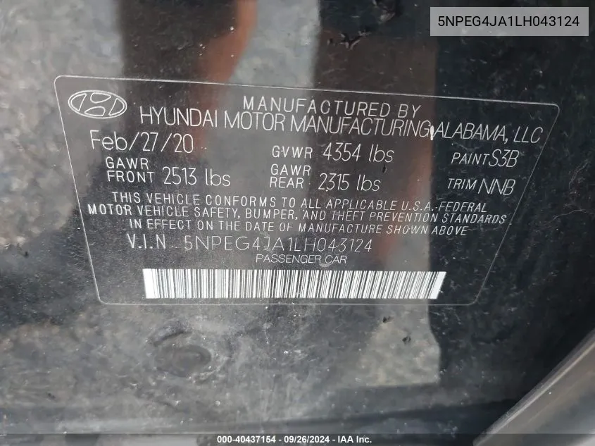 5NPEG4JA1LH043124 2020 Hyundai Sonata Se