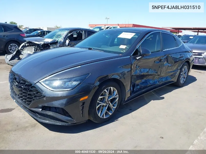 2020 Hyundai Sonata Sel VIN: 5NPEF4JA8LH031510 Lot: 40451530