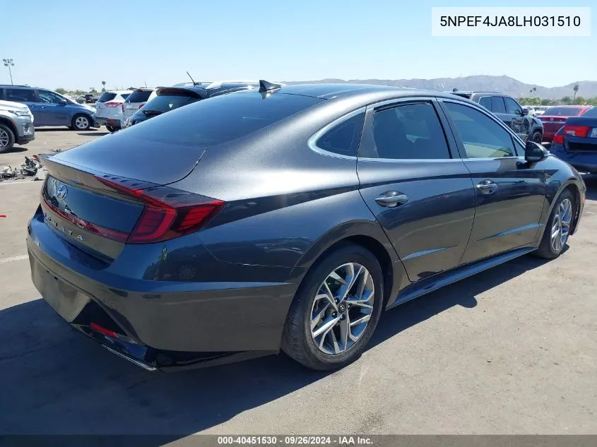 2020 Hyundai Sonata Sel VIN: 5NPEF4JA8LH031510 Lot: 40451530