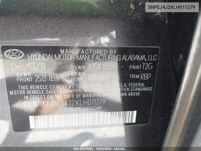 5NPEJ4J2XLH011279 2020 Hyundai Sonata Sel Plus