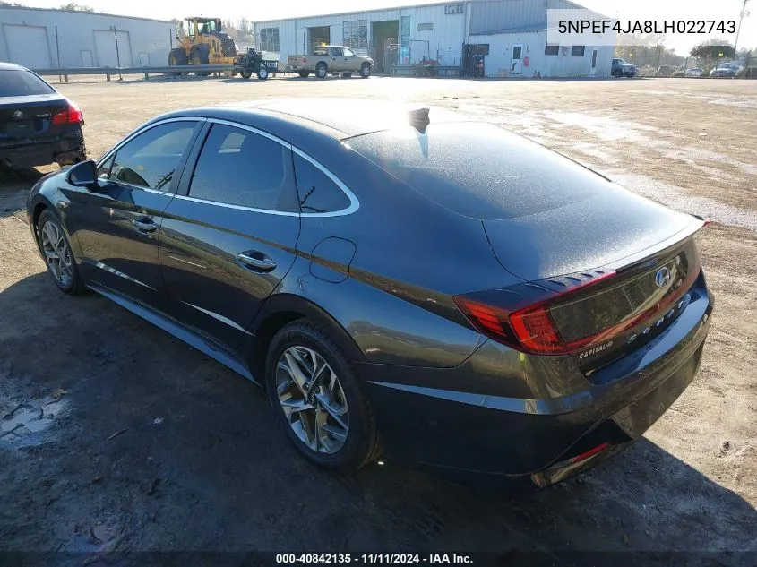 2020 Hyundai Sonata Sel VIN: 5NPEF4JA8LH022743 Lot: 40842135