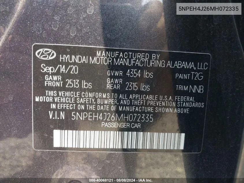 5NPEH4J26MH072335 2021 Hyundai Sonata Limited