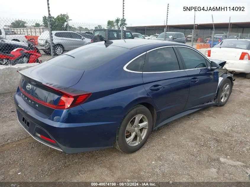 2021 Hyundai Sonata Se VIN: 5NPEG4JA6MH114092 Lot: 40074198