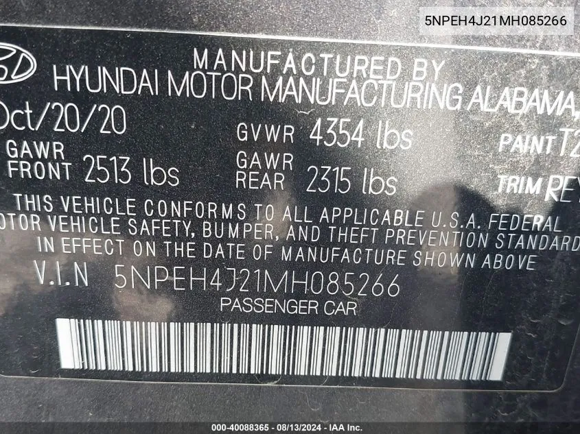 5NPEH4J21MH085266 2021 Hyundai Sonata Limited