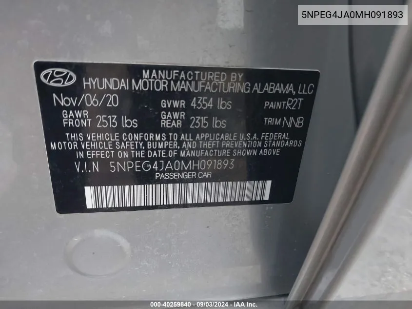 5NPEG4JA0MH091893 2021 Hyundai Sonata Se