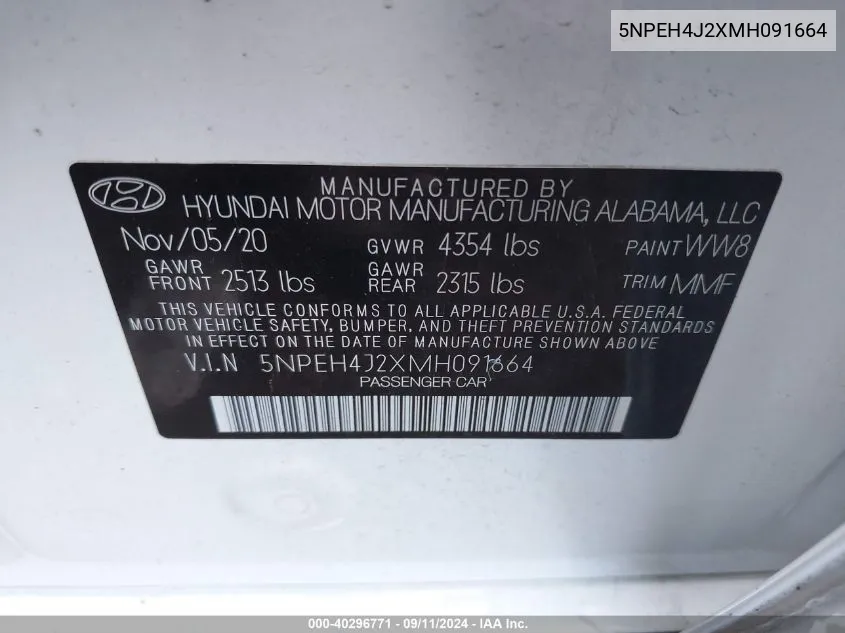 2021 Hyundai Sonata Limited VIN: 5NPEH4J2XMH091664 Lot: 40296771