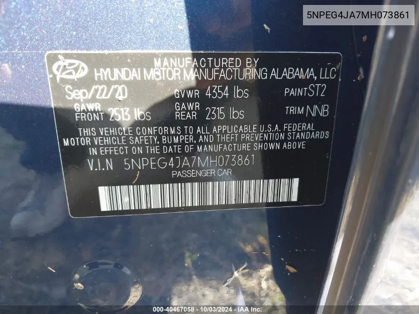 2021 Hyundai Sonata Se VIN: 5NPEG4JA7MH073861 Lot: 40467058