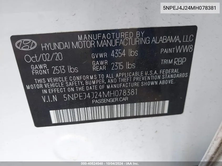 2021 Hyundai Sonata Sel Plus VIN: 5NPEJ4J24MH078381 Lot: 40524548