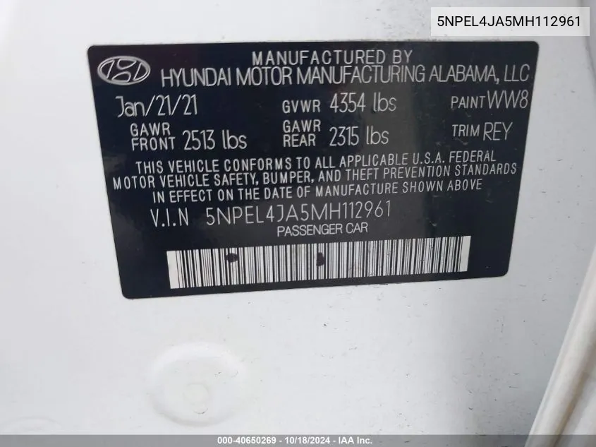 5NPEL4JA5MH112961 2021 Hyundai Sonata Sel