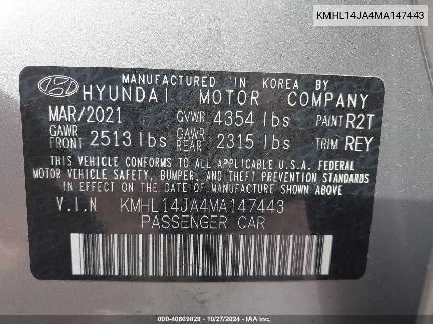 2021 Hyundai Sonata Sel VIN: KMHL14JA4MA147443 Lot: 40669829