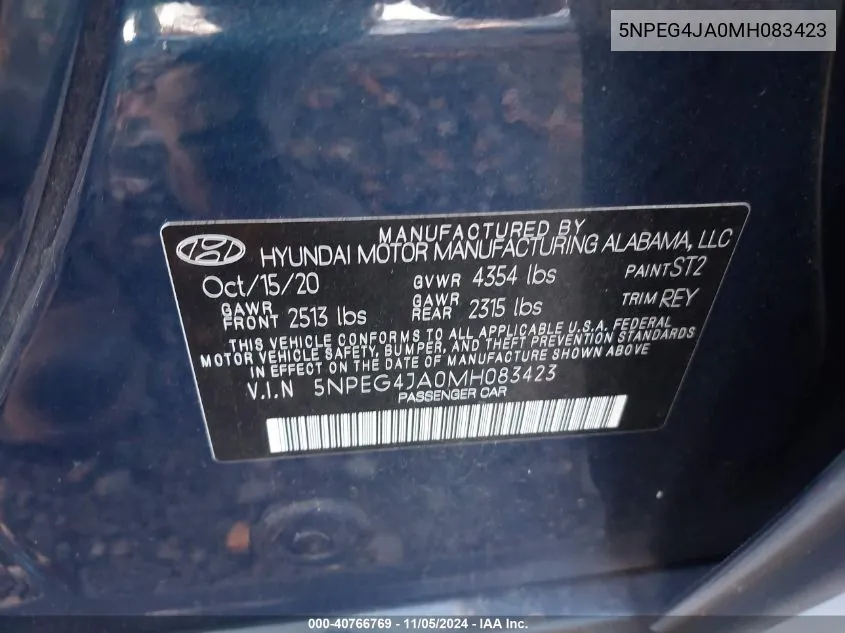 2021 Hyundai Sonata Se VIN: 5NPEG4JA0MH083423 Lot: 40766769