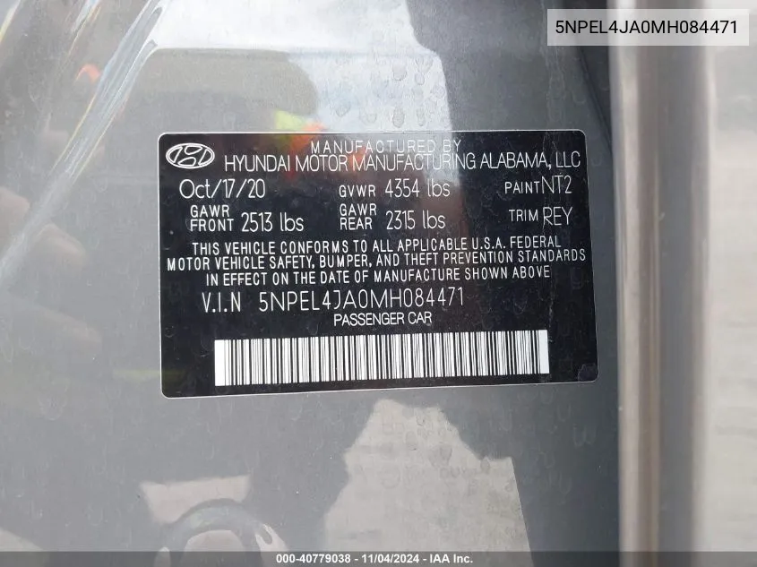 2021 Hyundai Sonata Sel VIN: 5NPEL4JA0MH084471 Lot: 40779038