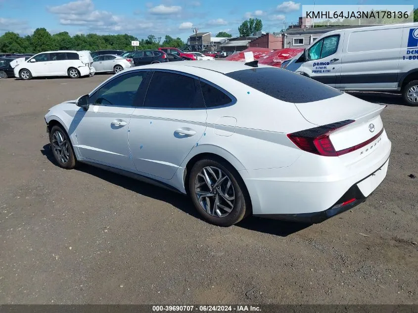 2022 Hyundai Sonata Sel VIN: KMHL64JA3NA178136 Lot: 39690707