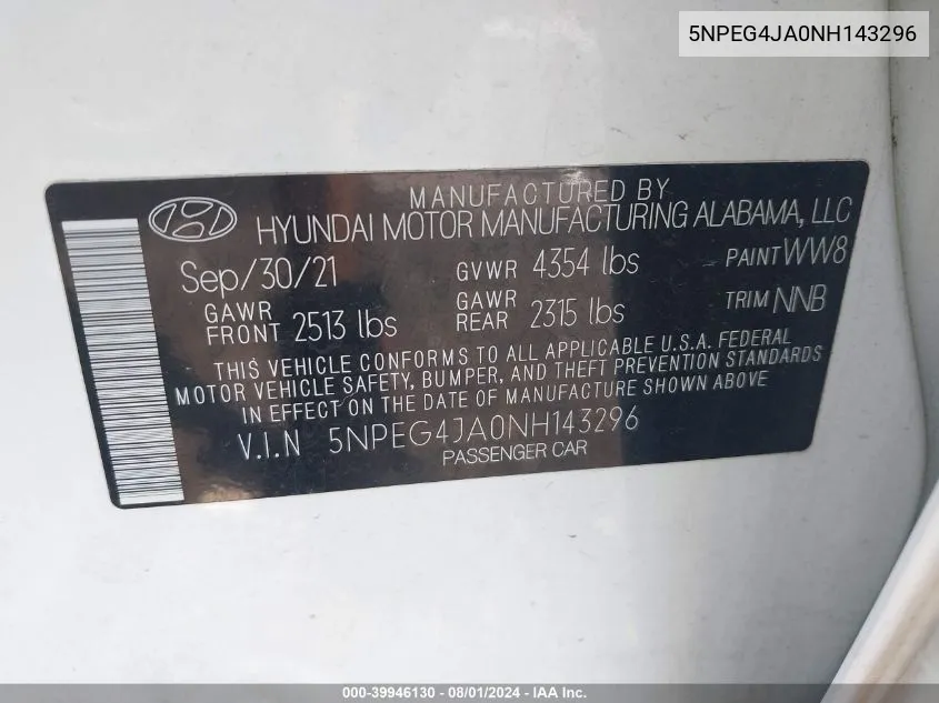 2022 Hyundai Sonata Se VIN: 5NPEG4JA0NH143296 Lot: 39946130