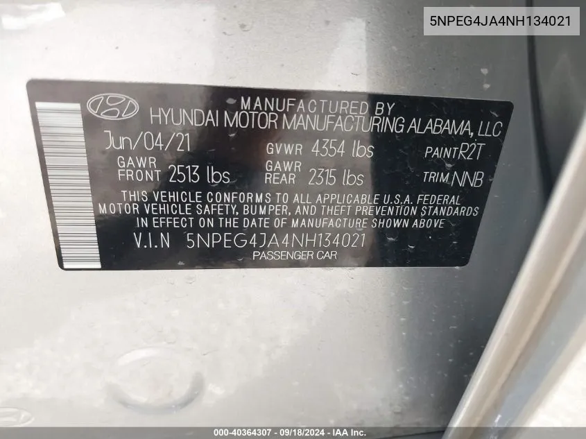 2022 Hyundai Sonata Se VIN: 5NPEG4JA4NH134021 Lot: 40364307