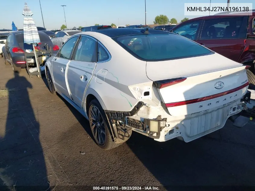 2022 Hyundai Sonata Limited VIN: KMHL34J27NA196138 Lot: 40391575