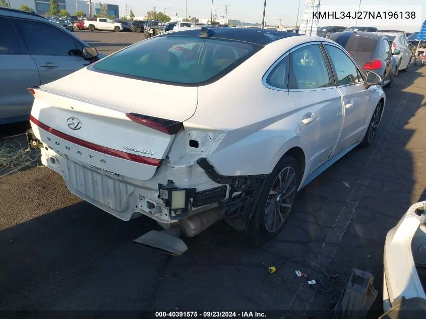 2022 Hyundai Sonata Limited VIN: KMHL34J27NA196138 Lot: 40391575