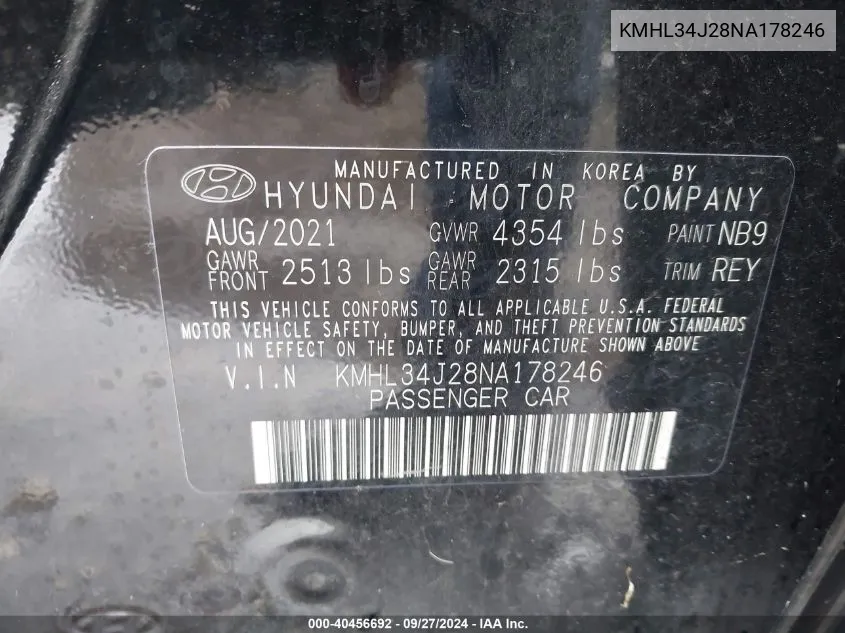 2022 Hyundai Sonata Limited VIN: KMHL34J28NA178246 Lot: 40456692