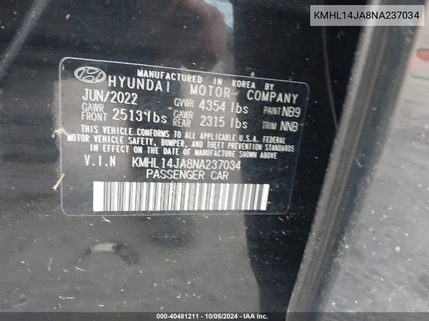 KMHL14JA8NA237034 2022 Hyundai Sonata Sel