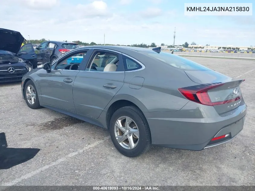 2022 Hyundai Sonata Se VIN: KMHL24JA3NA215830 Lot: 40619093