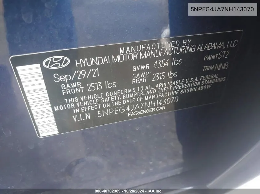 2022 Hyundai Sonata Se VIN: 5NPEG4JA7NH143070 Lot: 40702389