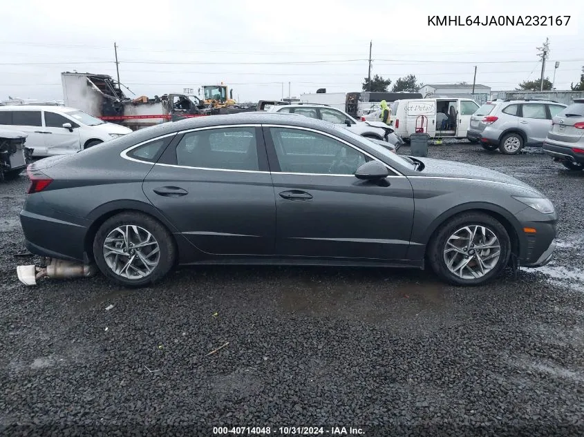 2022 Hyundai Sonata Sel VIN: KMHL64JA0NA232167 Lot: 40714048