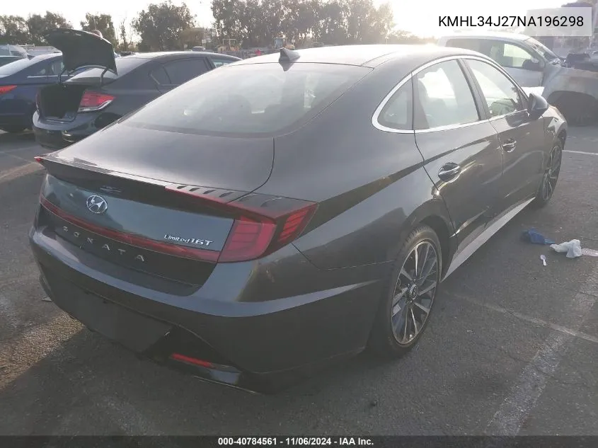 2022 Hyundai Sonata Limited VIN: KMHL34J27NA196298 Lot: 40784561