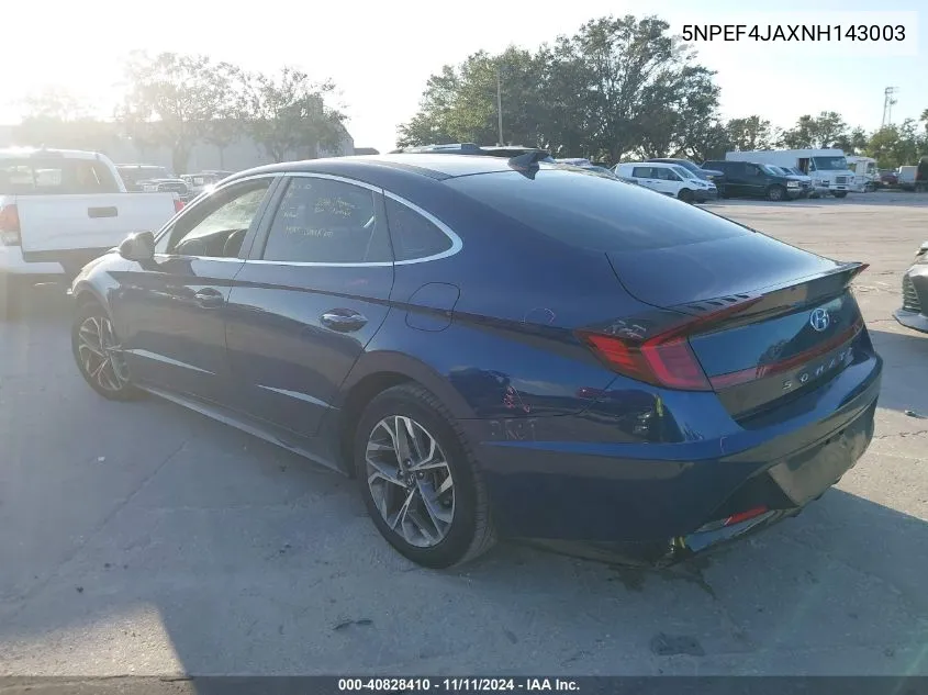 2022 Hyundai Sonata Sel VIN: 5NPEF4JAXNH143003 Lot: 40828410