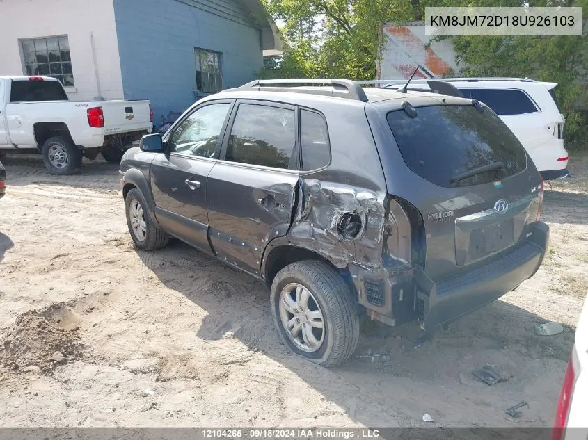 2008 Hyundai Tucson VIN: KM8JM72D18U926103 Lot: 12104265