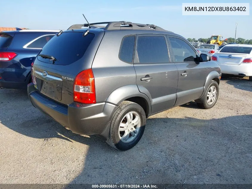 2008 Hyundai Tucson Limited V6/Se VIN: KM8JN12DX8U863402 Lot: 39905631