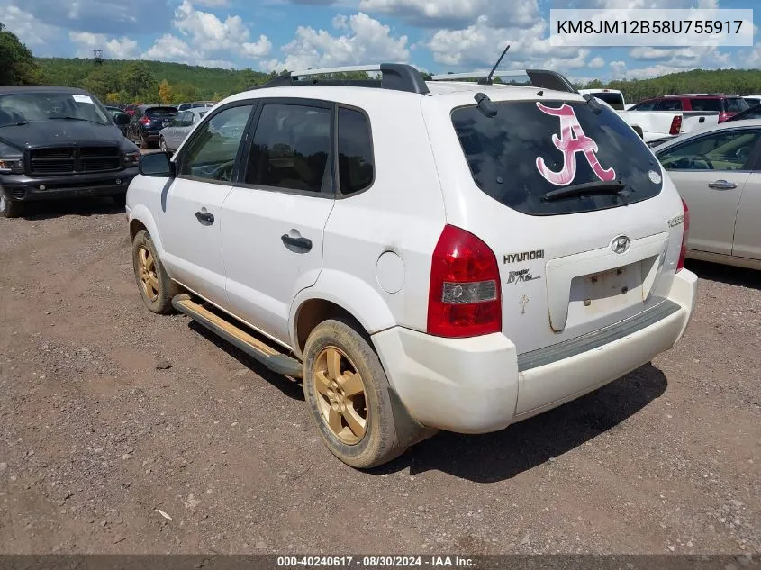 2008 Hyundai Tucson Gls VIN: KM8JM12B58U755917 Lot: 40240617